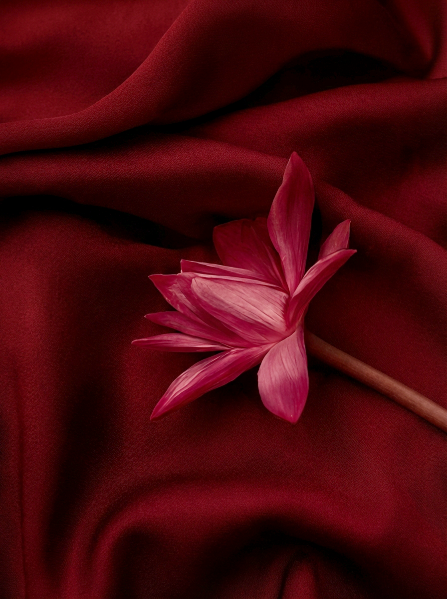 Firefly_A_dark_maroon_silk_cloth_wrinkled._A_pinkish_maroon_lotus_kept_on_it_s_side.png